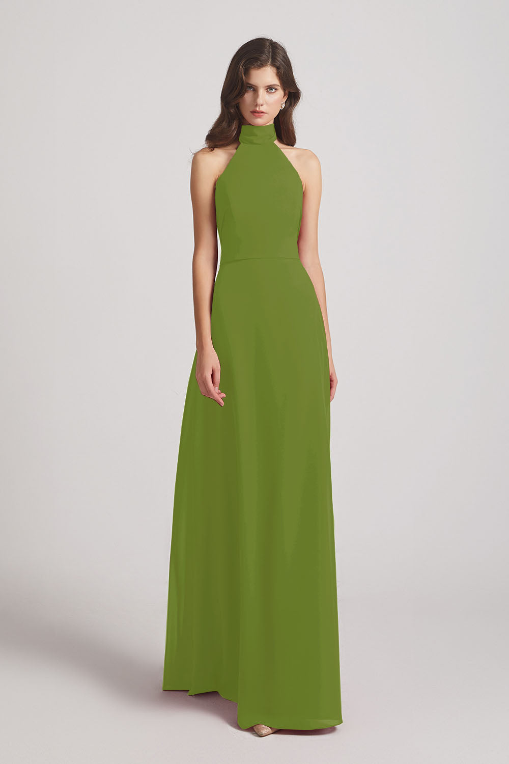 Alfa Bridal Olive Green Backless High Neck Halter Chiffon Maxi Dresses (AF0096)