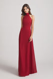 Alfa Bridal Dark Red Backless High Neck Halter Chiffon Maxi Dresses (AF0096)