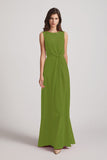 Alfa Bridal Olive Green Boat Neckline Bridesmaid Dresses with Waist Tie and Back Keyhole (AF0089)