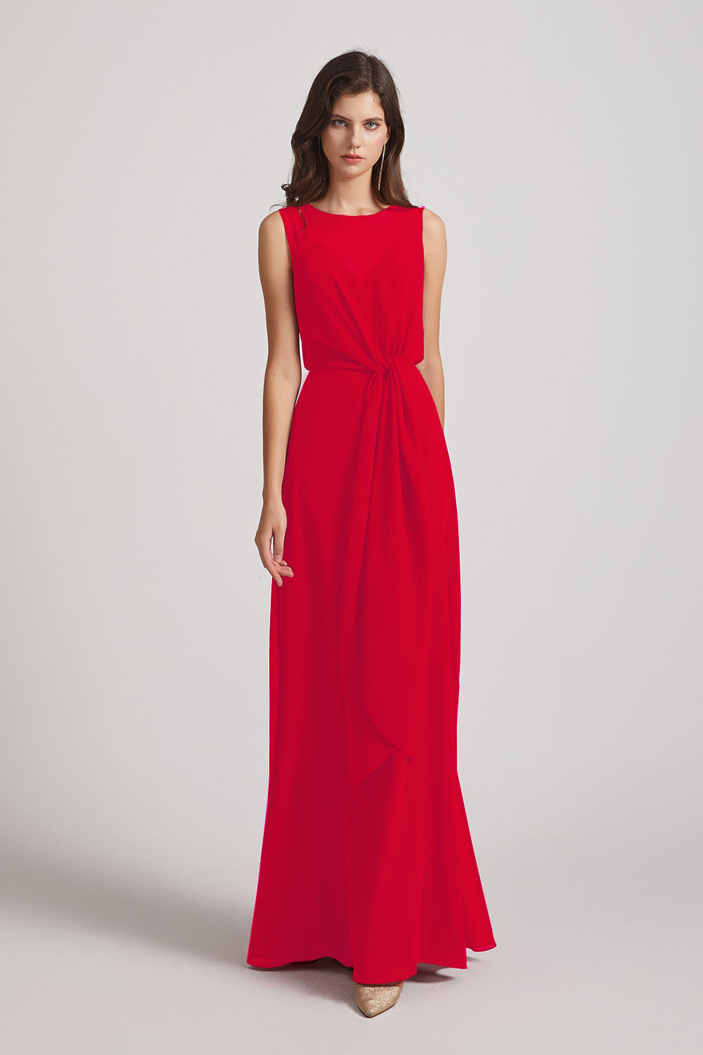 Alfa Bridal Red Boat Neckline Bridesmaid Dresses with Waist Tie and Back Keyhole (AF0089)