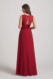 Alfa Bridal Dark Red Boat Neckline Bridesmaid Dresses with Waist Tie and Back Keyhole (AF0089)