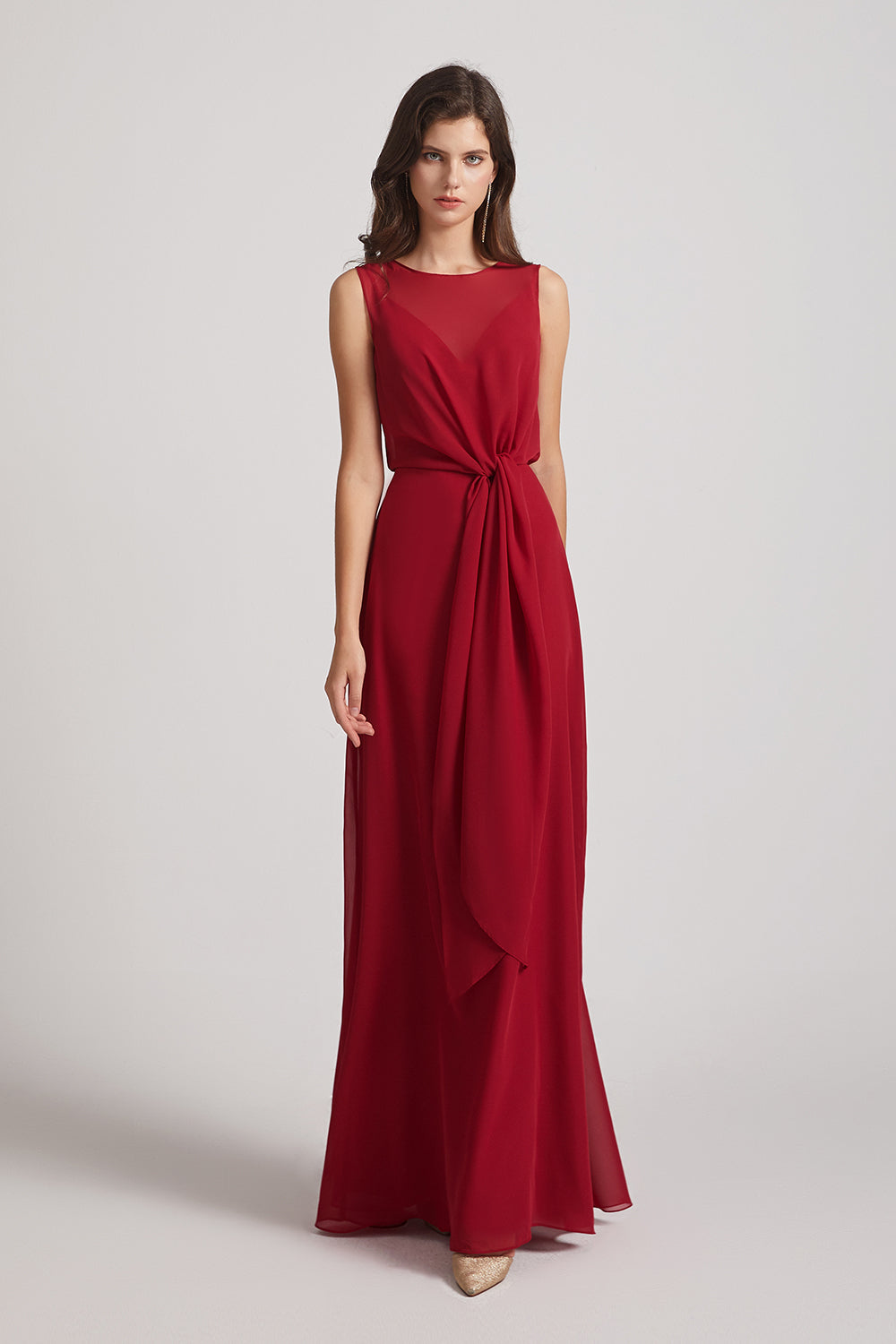 Alfa Bridal Dark Red Boat Neckline Bridesmaid Dresses with Waist Tie and Back Keyhole (AF0089)