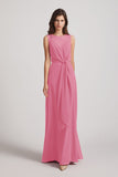 Alfa Bridal Skin Pink Boat Neckline Bridesmaid Dresses with Waist Tie and Back Keyhole (AF0089)