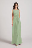 Alfa Bridal Smoke Green Boat Neckline Bridesmaid Dresses with Waist Tie and Back Keyhole (AF0089)