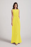 Alfa Bridal Yellow Boat Neckline Bridesmaid Dresses with Waist Tie and Back Keyhole (AF0089)