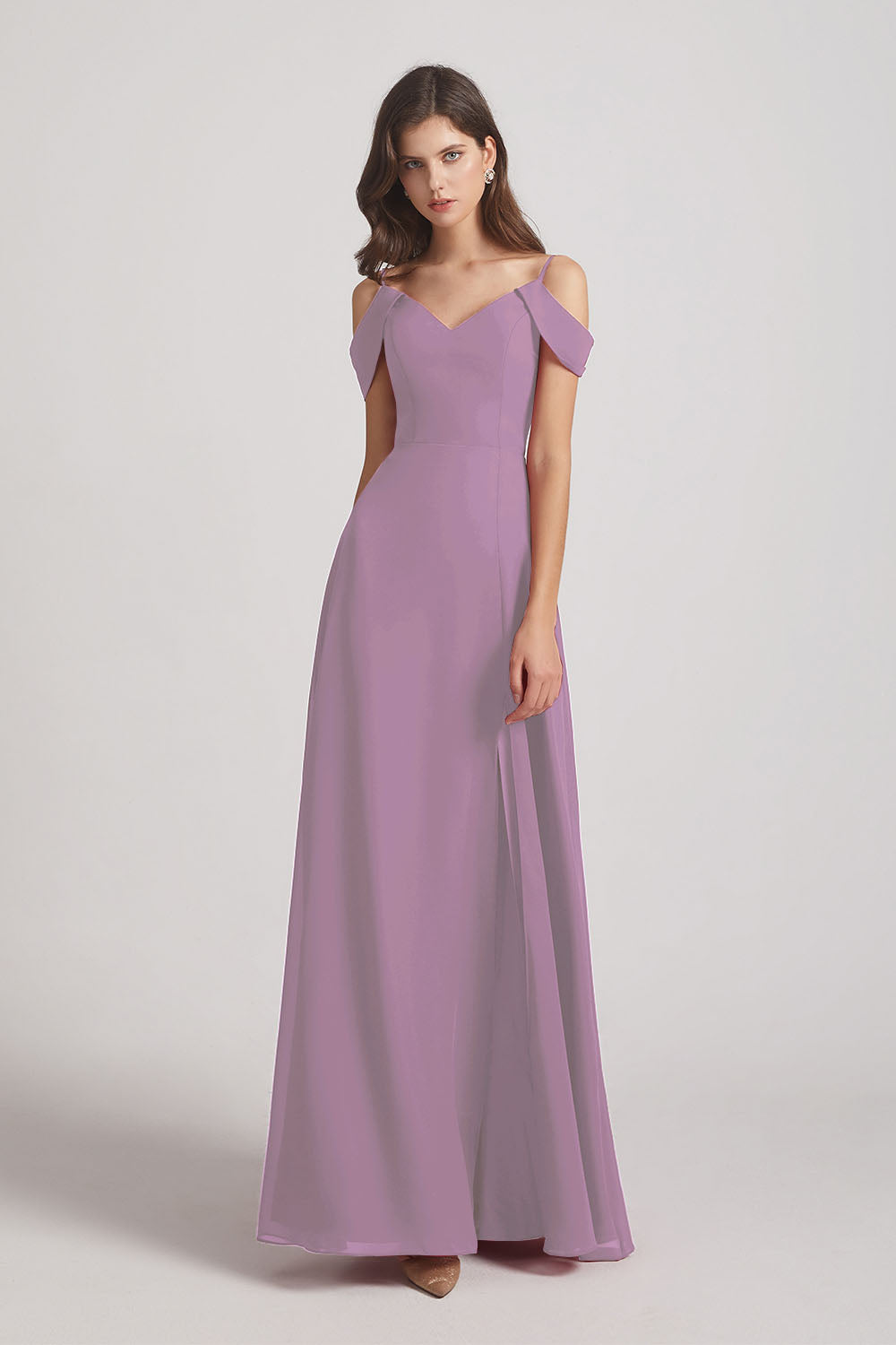 Alfa Bridal Dark Lavender Chiffon Cold Shoulder V-Neck Bridesmaid Dresses with Slit (AF0093)