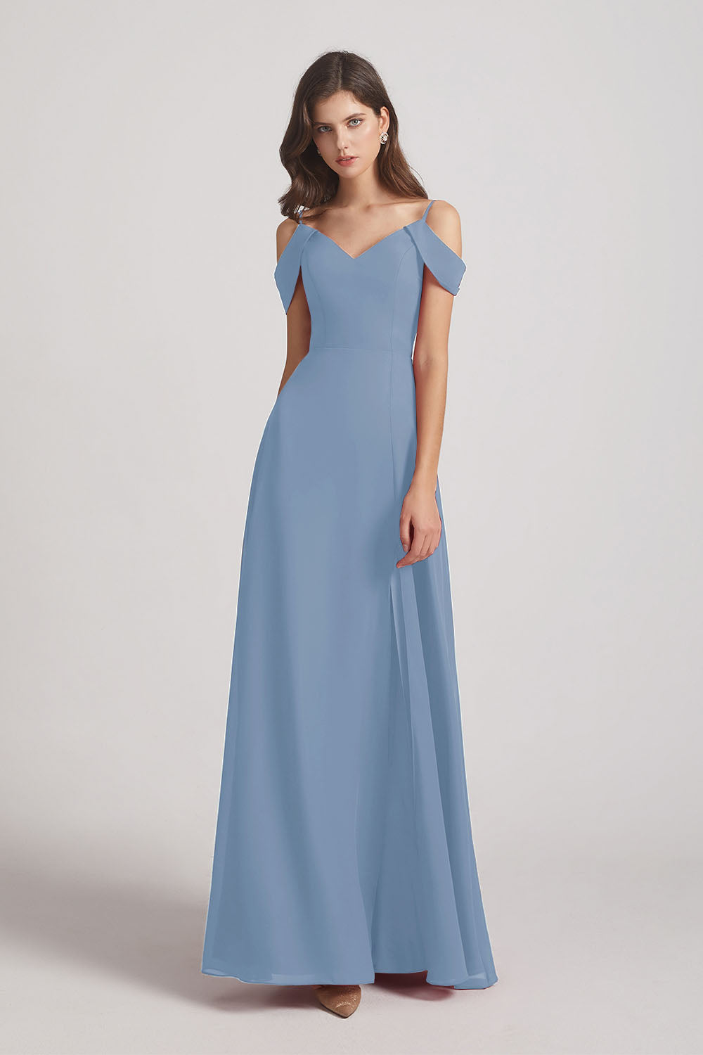 Alfa Bridal Dusty Blue Chiffon Cold Shoulder V-Neck Bridesmaid Dresses with Slit (AF0093)