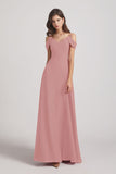 Alfa Bridal Dusty Pink Chiffon Cold Shoulder V-Neck Bridesmaid Dresses with Slit (AF0093)