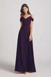 Alfa Bridal Grape Chiffon Cold Shoulder V-Neck Bridesmaid Dresses with Slit (AF0093)