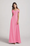 Alfa Bridal Hot Pink Chiffon Cold Shoulder V-Neck Bridesmaid Dresses with Slit (AF0093)