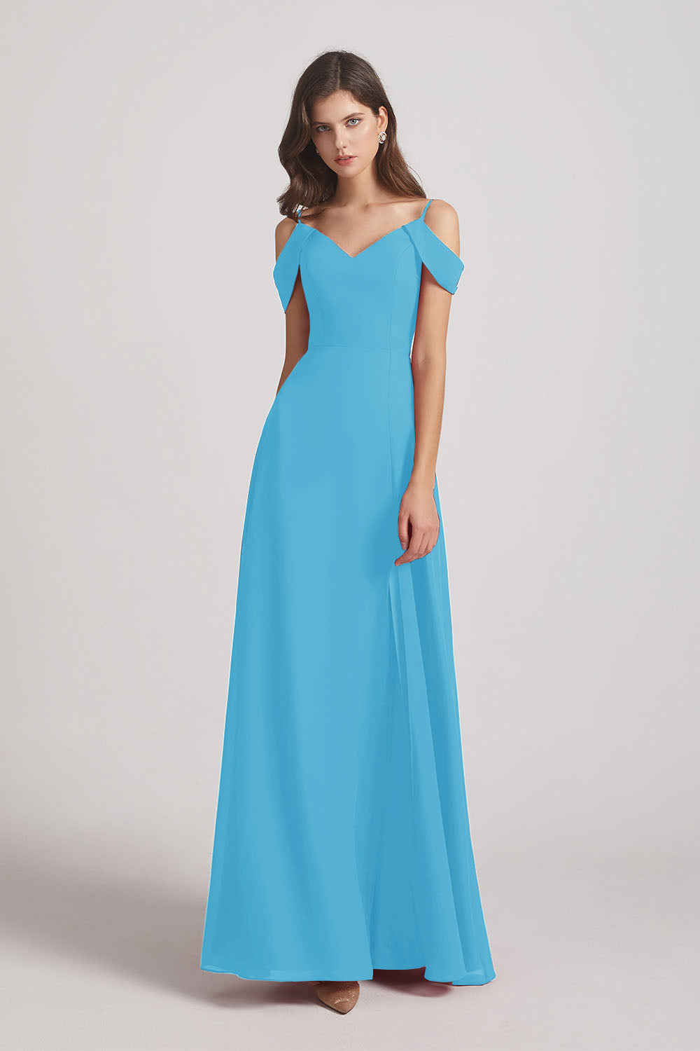 Alfa Bridal Ice Blue Chiffon Cold Shoulder V-Neck Bridesmaid Dresses with Slit (AF0093)