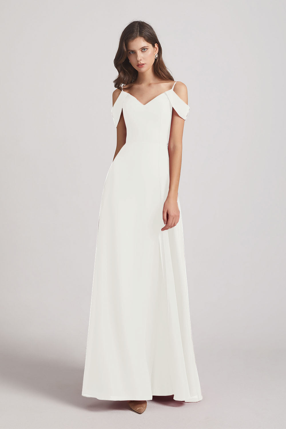 Alfa Bridal Ivory Chiffon Cold Shoulder V-Neck Bridesmaid Dresses with Slit (AF0093)