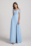 Alfa Bridal Light Sky Blue Chiffon Cold Shoulder V-Neck Bridesmaid Dresses with Slit (AF0093)