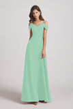 Alfa Bridal Mint Green Chiffon Cold Shoulder V-Neck Bridesmaid Dresses with Slit (AF0093)