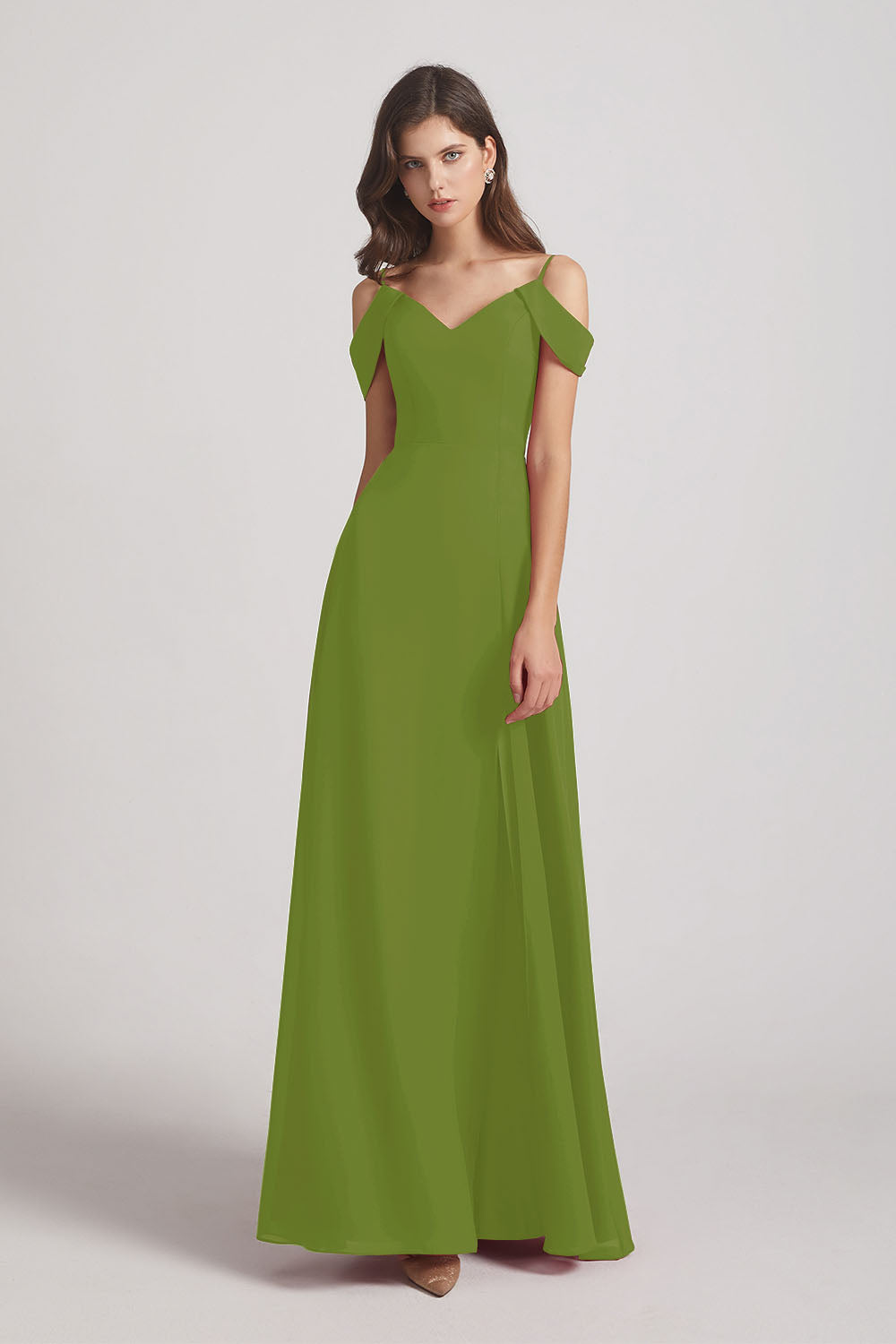 Alfa Bridal Olive Green Chiffon Cold Shoulder V-Neck Bridesmaid Dresses with Slit (AF0093)