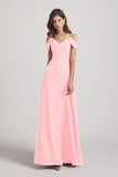 Alfa Bridal Pink Chiffon Cold Shoulder V-Neck Bridesmaid Dresses with Slit (AF0093)