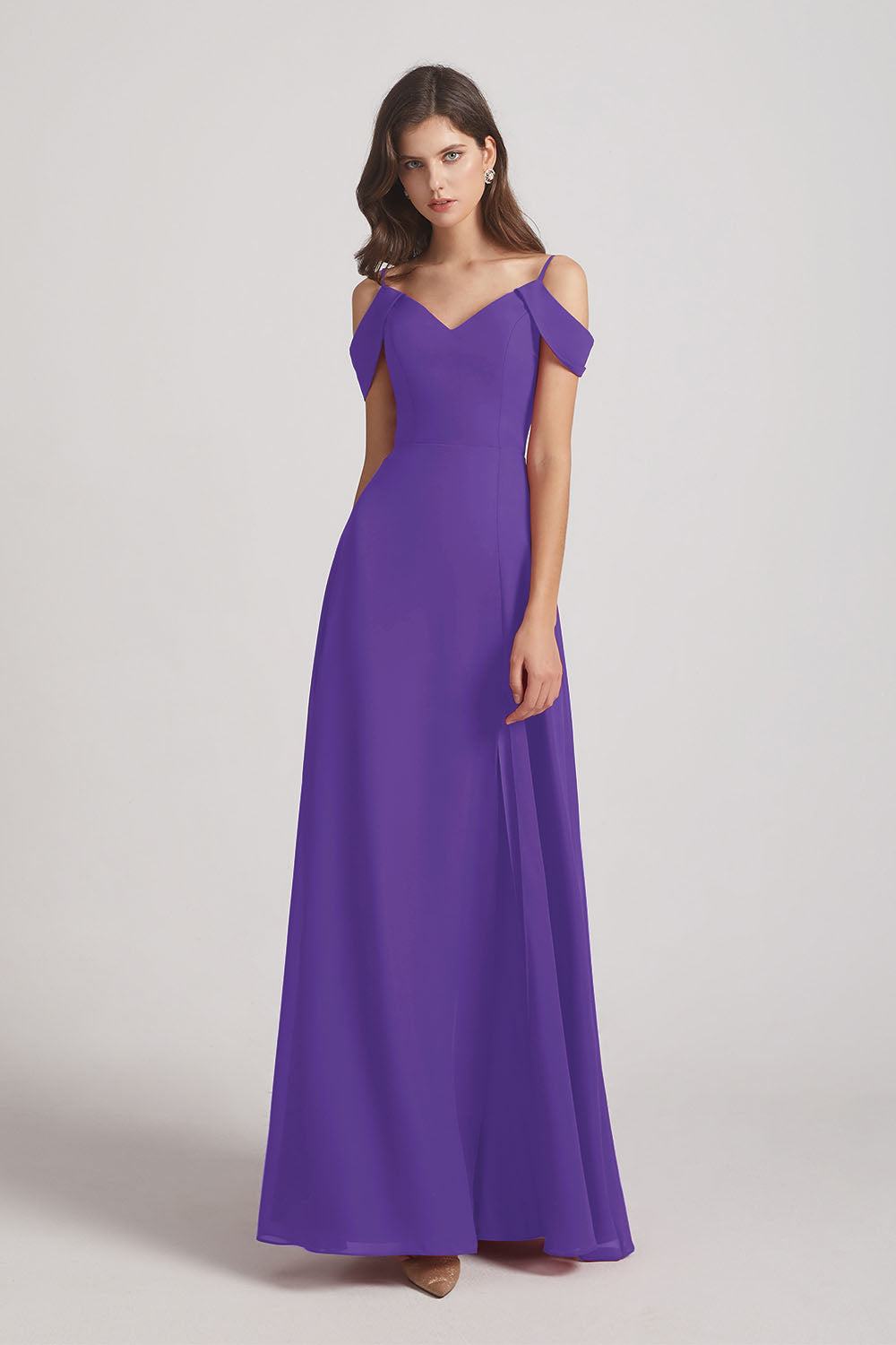 Alfa Bridal Purple Chiffon Cold Shoulder V-Neck Bridesmaid Dresses with Slit (AF0093)