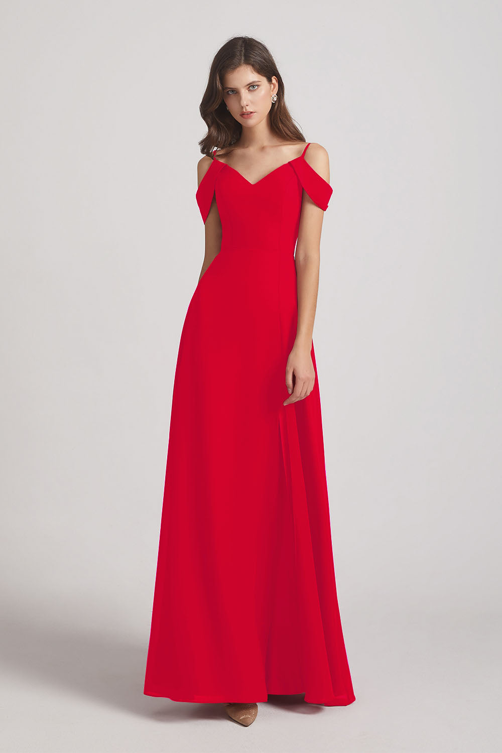 Alfa Bridal Red Chiffon Cold Shoulder V-Neck Bridesmaid Dresses with Slit (AF0093)