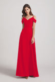 Alfa Bridal Red Chiffon Cold Shoulder V-Neck Bridesmaid Dresses with Slit (AF0093)