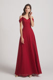 Alfa Bridal Dark Red Chiffon Cold Shoulder V-Neck Bridesmaid Dresses with Slit (AF0093)
