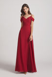 Alfa Bridal Dark Red Chiffon Cold Shoulder V-Neck Bridesmaid Dresses with Slit (AF0093)