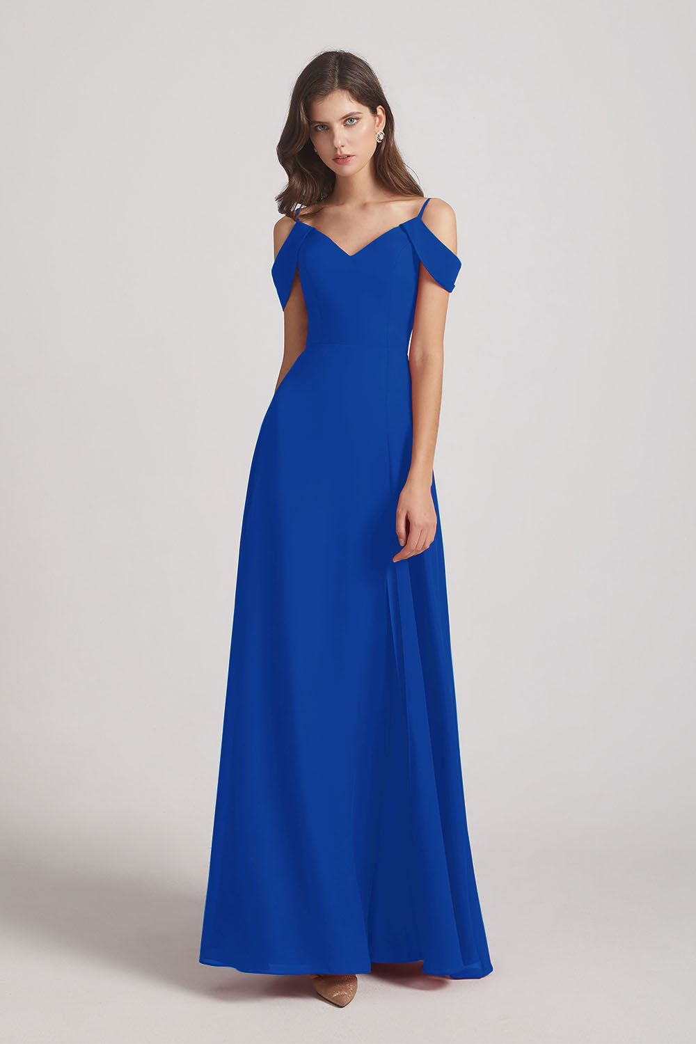 Alfa Bridal Royal Blue Chiffon Cold Shoulder V-Neck Bridesmaid Dresses with Slit (AF0093)
