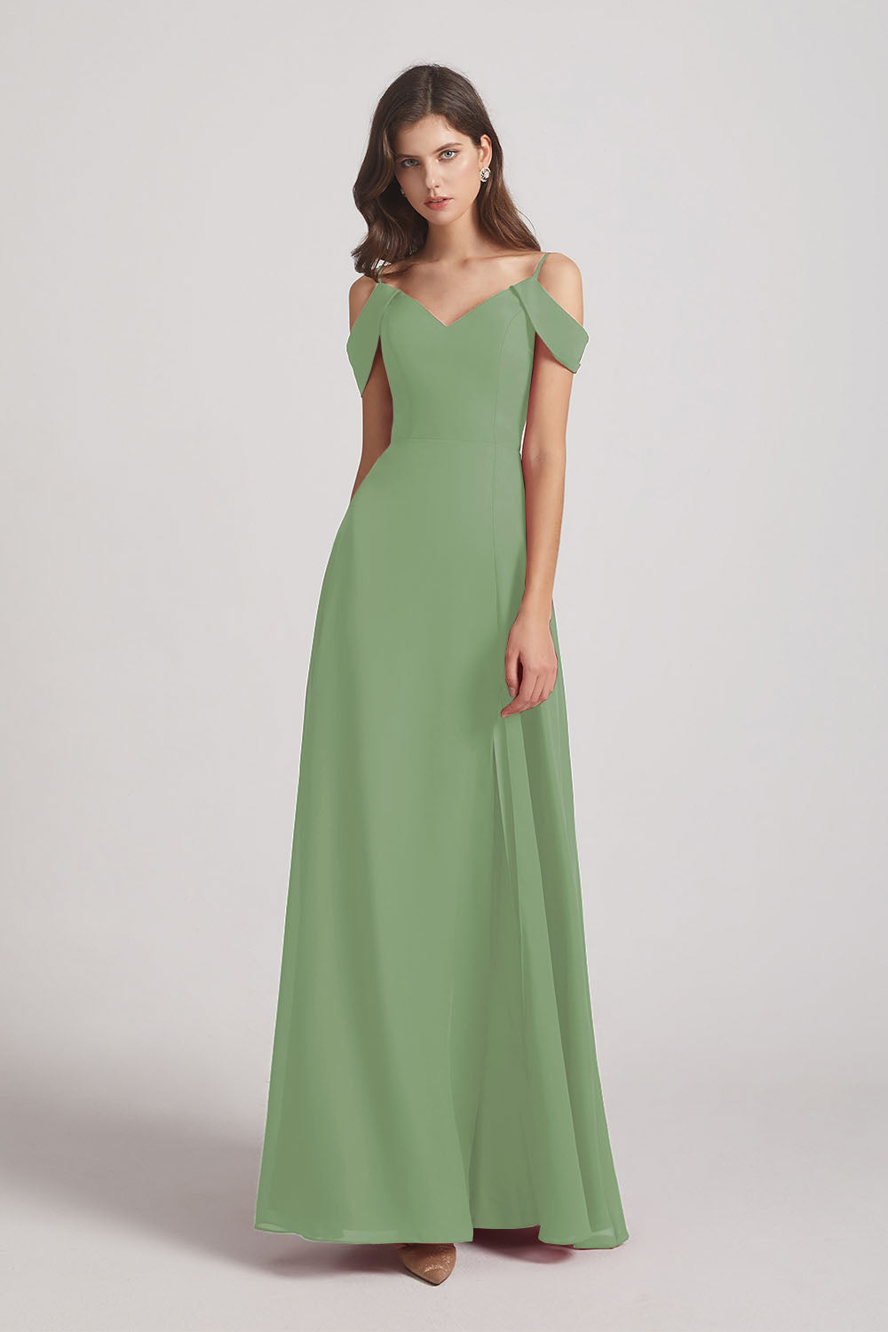 Alfa Bridal Seagrass Chiffon Cold Shoulder V-Neck Bridesmaid Dresses with Slit (AF0093)