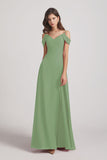 Alfa Bridal Seagrass Chiffon Cold Shoulder V-Neck Bridesmaid Dresses with Slit (AF0093)