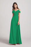 Alfa Bridal Shamrock Green Chiffon Cold Shoulder V-Neck Bridesmaid Dresses with Slit (AF0093)