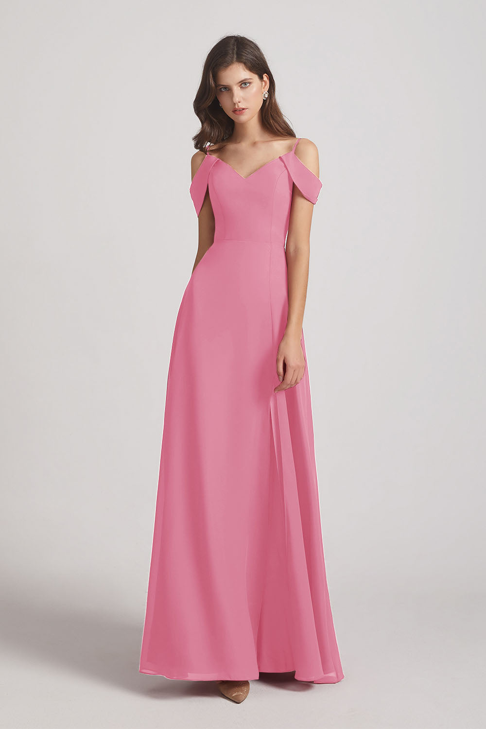 Alfa Bridal Skin Pink Chiffon Cold Shoulder V-Neck Bridesmaid Dresses with Slit (AF0093)