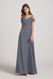 Alfa Bridal Slate Grey Chiffon Cold Shoulder V-Neck Bridesmaid Dresses with Slit (AF0093)