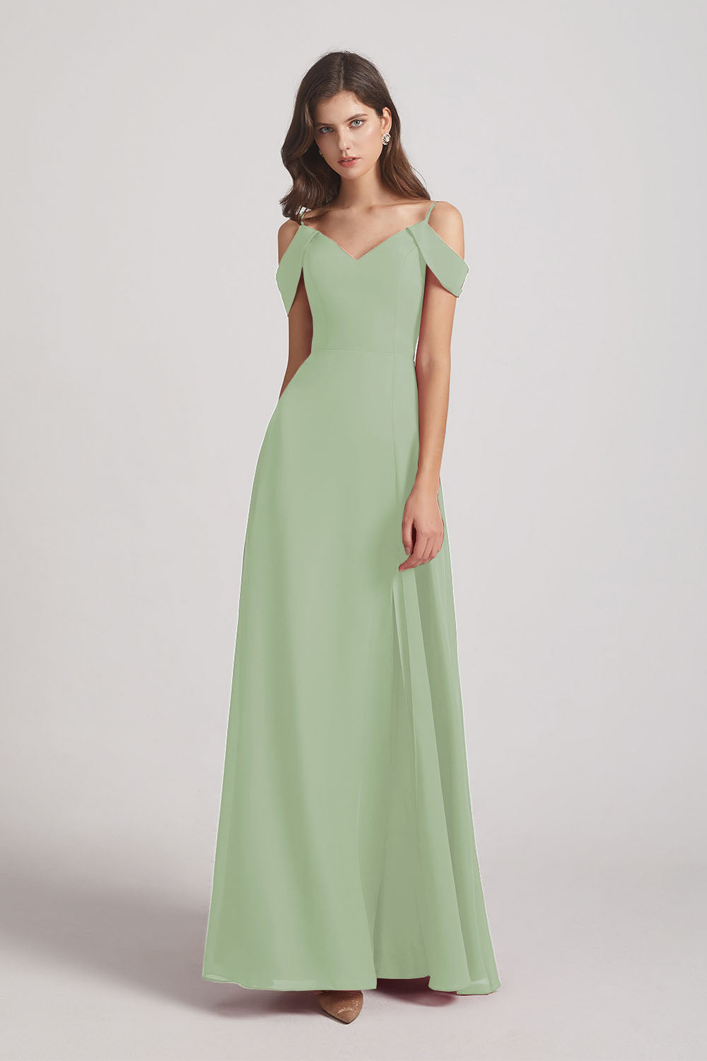 Alfa Bridal Smoke Green Chiffon Cold Shoulder V-Neck Bridesmaid Dresses with Slit (AF0093)