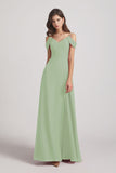 Alfa Bridal Smoke Green Chiffon Cold Shoulder V-Neck Bridesmaid Dresses with Slit (AF0093)