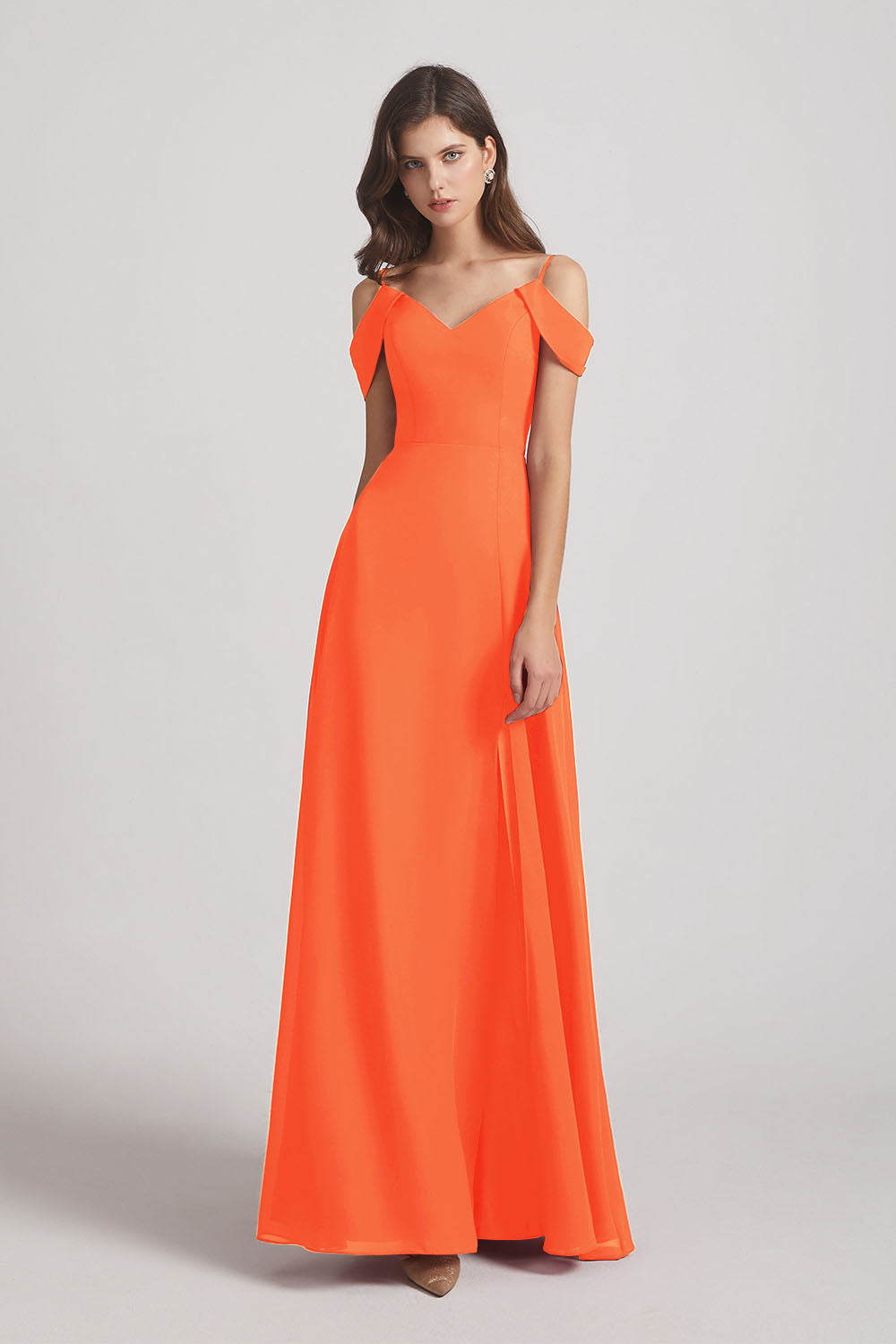 Alfa Bridal Tangerine Tango Chiffon Cold Shoulder V-Neck Bridesmaid Dresses with Slit (AF0093)