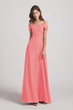 Alfa Bridal Watermelon Chiffon Cold Shoulder V-Neck Bridesmaid Dresses with Slit (AF0093)