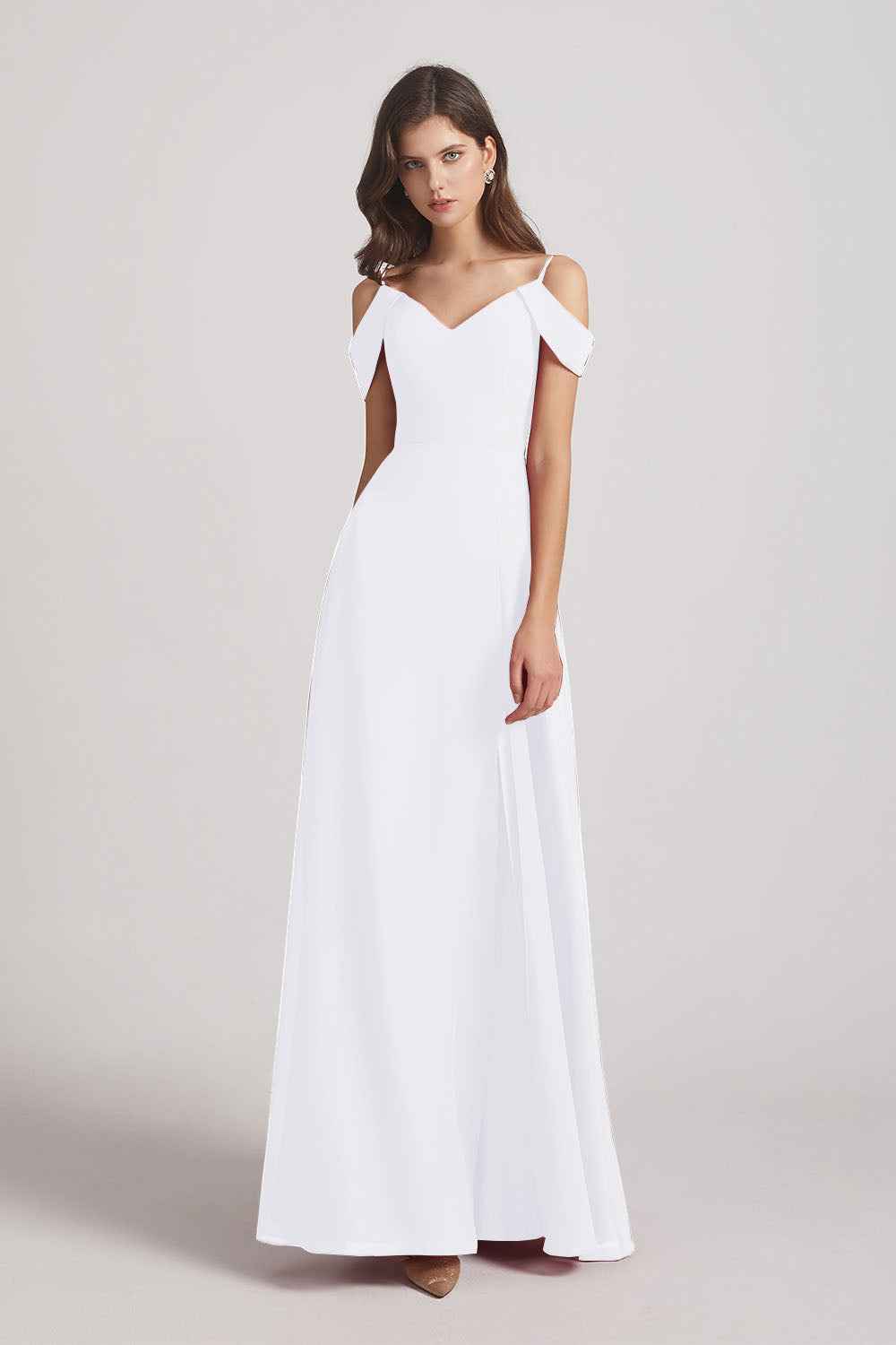 Alfa Bridal White Chiffon Cold Shoulder V-Neck Bridesmaid Dresses with Slit (AF0093)
