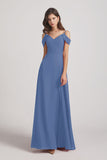 Alfa Bridal Windsor Blue Chiffon Cold Shoulder V-Neck Bridesmaid Dresses with Slit (AF0093)