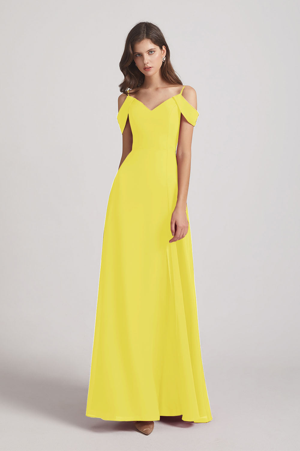 Alfa Bridal Yellow Chiffon Cold Shoulder V-Neck Bridesmaid Dresses with Slit (AF0093)