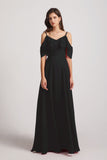 Alfa Bridal Black Cold Shoulder Chiffon Long Flowy Bridesmaid Dresses (AF0078)