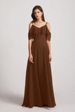 Alfa Bridal Brown Cold Shoulder Chiffon Long Flowy Bridesmaid Dresses (AF0078)
