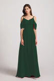Alfa Bridal Dark Green Cold Shoulder Chiffon Long Flowy Bridesmaid Dresses (AF0078)