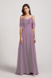 Alfa Bridal Dark Lavender Cold Shoulder Chiffon Long Flowy Bridesmaid Dresses (AF0078)