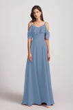 Alfa Bridal Dusty Blue Cold Shoulder Chiffon Long Flowy Bridesmaid Dresses (AF0078)