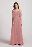 Alfa Bridal Dusty Pink Cold Shoulder Chiffon Long Flowy Bridesmaid Dresses (AF0078)