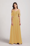 Alfa Bridal Gold Cold Shoulder Chiffon Long Flowy Bridesmaid Dresses (AF0078)