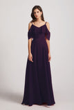 Alfa Bridal Grape Cold Shoulder Chiffon Long Flowy Bridesmaid Dresses (AF0078)