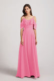 Alfa Bridal Hot Pink Cold Shoulder Chiffon Long Flowy Bridesmaid Dresses (AF0078)