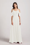 Alfa Bridal Ivory Cold Shoulder Chiffon Long Flowy Bridesmaid Dresses (AF0078)