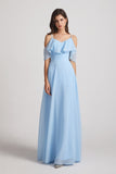 Alfa Bridal Light Sky Blue Cold Shoulder Chiffon Long Flowy Bridesmaid Dresses (AF0078)