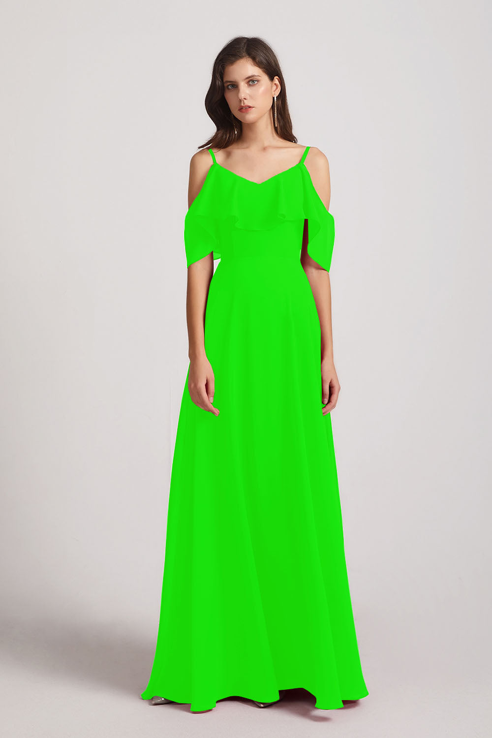 Alfa Bridal Lime Green Cold Shoulder Chiffon Long Flowy Bridesmaid Dresses (AF0078)